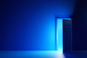 3d illustration of open door from which blue light shines in a dark room with blue  light.  Riddle, adventure and mystic concept