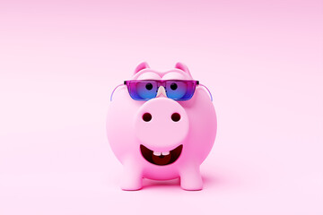 3D illustration, pink piggy bank in sunglasses with Money creative business concept. The pink pig is holding golden coins. Save and accumulate money savings. Cheerful cartoon pig