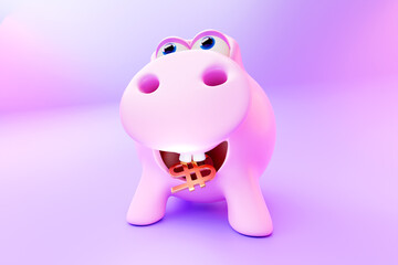 3D illustration, pink piggy bank in sunglasses with Money creative business concept. The pink pig is holding golden coins. Save and accumulate money savings. Cheerful cartoon pig