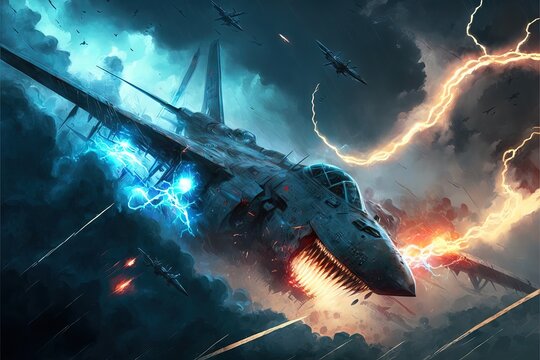 War Plane on a Fight in the Sky, With Full coloured Sky, and explosion and impact lights and sparks, and also electric rays, generating an intense and energetic scene