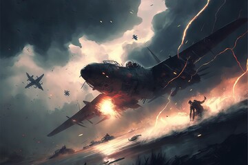 War Plane on a Fight in the Sky, With Full coloured Sky, and explosion and impact lights and sparks, and also electric rays, generating an intense and energetic scene
