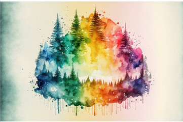 A colorful abstract background image of a coniferous forest with rainbow. Created with Generative AI technology.