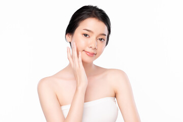 Beautiful young asian woman with clean fresh skin on white background, Face care, Facial treatment, Cosmetology, beauty and spa, Asian women portrait.