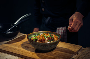 Japanese Katsudon Food, pork cutlet rice bowl ,Dark Tone