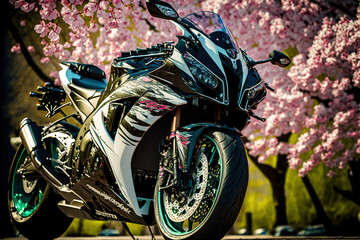 Motorcycle similar to Kawasaki Ninja ZX-10R parked under cherry blossoms. Digital artwork