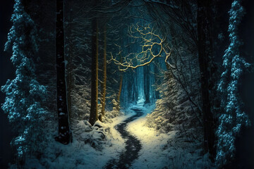 Obraz premium Mysterious pathway in midnight winter forest. Tree silhouettes in the dark. Digital artwork 