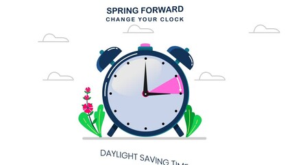 Daylight Saving Time Animation, Spring Forward on 14 March, Change Your Time, with Clock or Alarm Object, The Clocks Moves Forward One Hour, DST begins in USA for banner, web, emailing. Motion graphic
