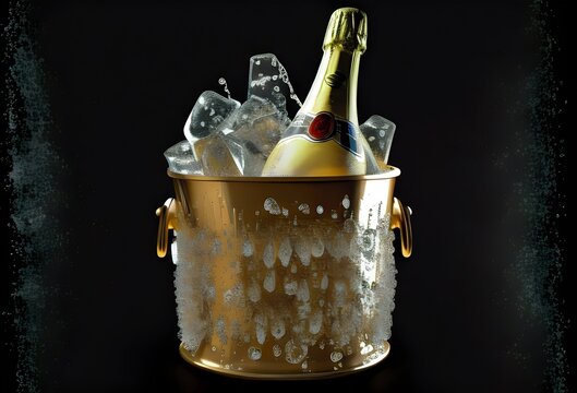 An Expensive Bottle Of Champagne In Gold Bucket Full Of  Ice