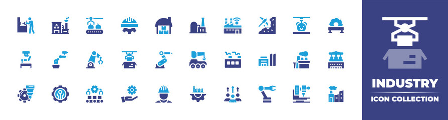 Industry icon collection. Duotone color. Vector illustration. Containing humanpictos, factory, conveyor belt, labor day, shed, power plant, smart factory, minerals, d, saw machine, and more.