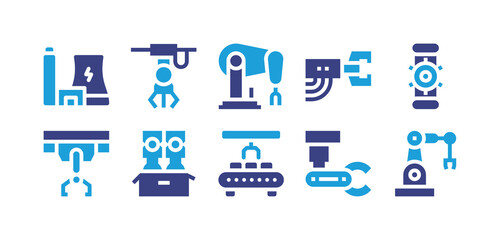 Obraz na płótnie Canvas Industry icon set. Duotone color. Vector illustration. Containing power plant, industrial robot, robotic arm, pipe, robot, robot arm.