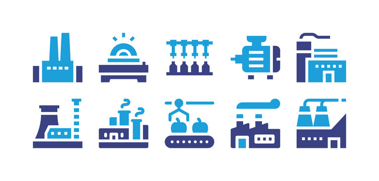 Industry Icon Set. Duotone Color. Vector Illustration. Containing Industrial Park, Grinding, Pharmaceutical, Motor, Factory, Conveyor Belt.