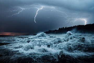thunderstorm thunder and lightning over stormy sea with big dangerous waves, generative AI