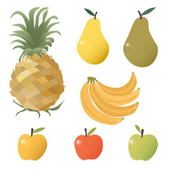 Sef of fruits with pineapple, ripe pear, green pear, bananas, yellow apple, red apple and green apple. PNG illustration isolated on transparent background