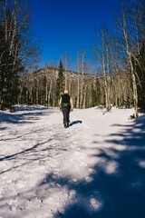 Woman hiking in the Rocky Mountains in winter - outside of Boulder, Colorado