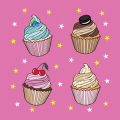 Sweet Fruit Icing Cupcake Cake Pastry cherry Blueberry Vanilla Star Design Artwork
