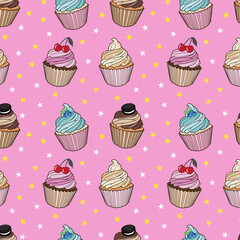 Sweet Fruit Icing Cupcake Cake Pastry cherry Blueberry Vanilla Star Allover Seamless Pattern Design Artwork 