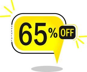 65% off limited special offer. 65% Discount Banner with sixty five percent discount in a yellow round sided balloon