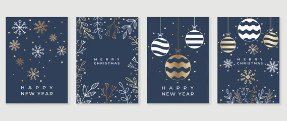 Obraz na płótnie Canvas Set of christmas and happy new year holiday card vector. Elegant element of golden and white snowflakes, snow, bauble balls, winter leaf branches. Design illustration for cover, banner, card, poster.