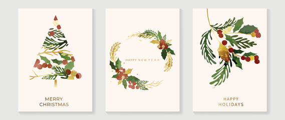 Fototapeta na wymiar Set of christmas and happy new year holiday card vector. Elegant element of watercolor and gold winter leaf wreath, pine leaves christmas tree. Design illustration for cover, banner, card, poster.