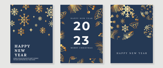 Fototapeta na wymiar Set of christmas and happy new year 2023 holiday card vector. Elegant gradient gold element of snowflakes, pine cone, pine leaf, bauble balls. Design illustration for cover, banner, card, poster.