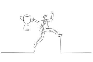 Illustration of businessman holding winning trophy jumping high for celebration concept of celebration. Single line art style