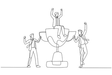 Drawing of businessman celebrating victory with team holding trophy. Single continuous line art style