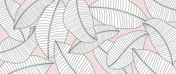 Hand drawn line art leaf branch background vector. Tropical botanical palm leaves with black white drawing contour simple style background. Design illustration for prints, wallpaper, poster, card.