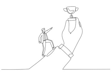 Illustration of businessman run with full effort to reach trophy cup in giant hand. Single line art style