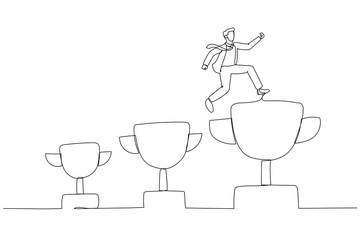 Cartoon of businessman jumping from small win trophy to get bigger one goal. One line art style
