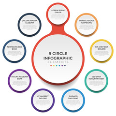 Circular layout diagram with 9 points of steps, sequence, colorful circle infographic element template vector.