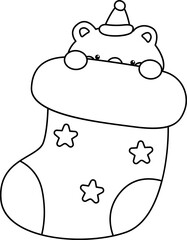 a vector of a bear inside a Christmas themed sock in black and white colouring