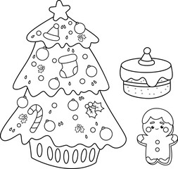a vector of a Christmas tree with a chocolate cake and a gingerbread man in black and white colouring