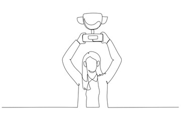 Cartoon of businesswoman holding winning trophy concept of victory. Single continuous line art style