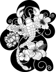 Image of Scorpion tattoo with flower Japanese style.Design For Print a T-Shirt.Hibiscus flower with cherry blossom and lotus tattoo.Zodiac sign of Scorpio. printed on Printed Glass Basin Splashbacks