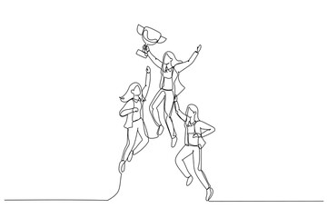 Cartoon of businesswoman jumping holding trophy get reward and celebrate. Continuous line art