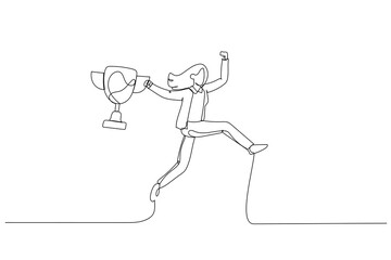 Cartoon of businesswoman holding winning trophy jumping high for celebration concept of celebration. Continuous line art style