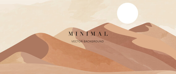 Mountain background vector illustration. Luxury scenic desert landscape and sun background with watercolor brush painting texture. Abstract art wallpaper design for print, wall art and home decor.  - obrazy, fototapety, plakaty