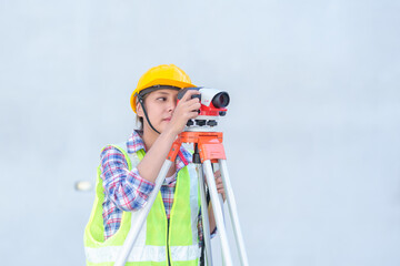Female survey working Using Theodolite Surveying Optical Instrument for Measuring Angles in...
