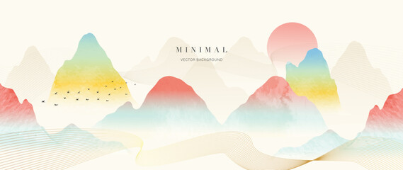 Mountain and golden line art background vector. Oriental chinese luxury watercolor landscape background with gold line art texture. Abstract art wallpaper design for print, wall art and home decor.  