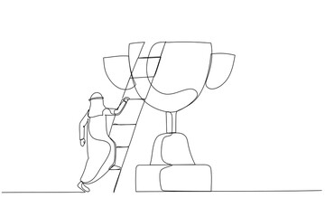 Cartoon of arab businessman building ladder of success climbing to top of champion trophy cup. Single continuous line art style