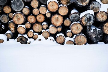 Pile of logs stacked up in deep snow - textural design element - winter aesthetic