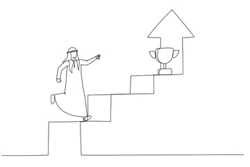 Drawing of arab businessman walking up staircase with rising arrow into high sky to find winning trophy. Single line art style