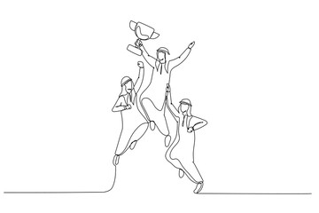 Drawing of arab businessman jumping holding trophy get reward and celebrate. Single line art style