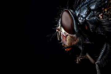 Macro portrait of fly diptera close up with bkack background