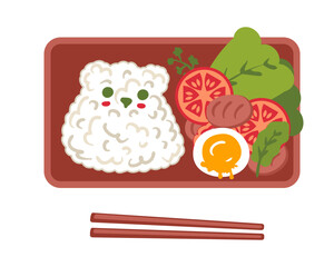 Bento box with rice bear, meat balls and vegetables. Perfect for tee, poster, menu, stickers and print. Isolated vector illustration for decor and design.