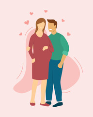 couple or parent happy for pregnant or pregnancy stage standing together with love sign with modern flat style