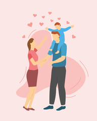 parent happy playing with his baby or toddler standing with love sign around with modern flat style