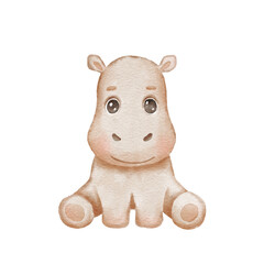 Cute baby watercolor hippo isolated on white background . Animal character sitting. Hand drawn illustration for kids.