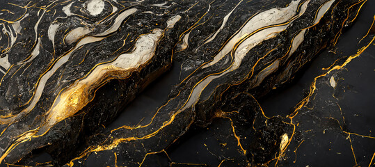 The texture of black and white marble with gold veins. Natural pattern. Abstract 3D illustration of marble surface for backgrounds, wallpapers, photo wallpapers, murals, posters.
