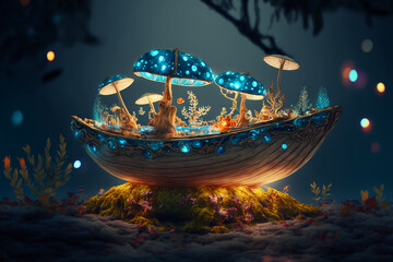 sparkle boat in the lagoon of mushrooms, magic, fantastic. Generative AI